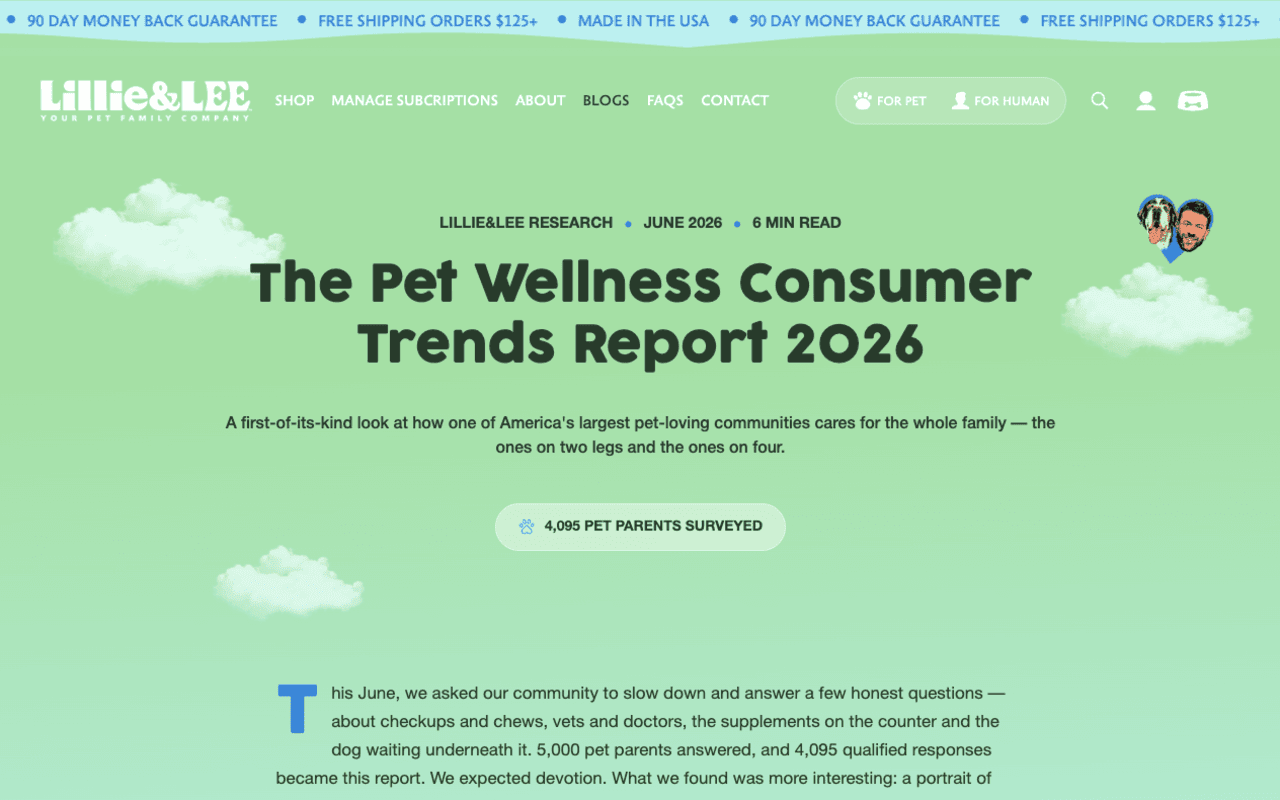 The Pet Wellness Consumer Trends Report 2026 on lillieandlee.com, showing the report title and the 95% family-member finding